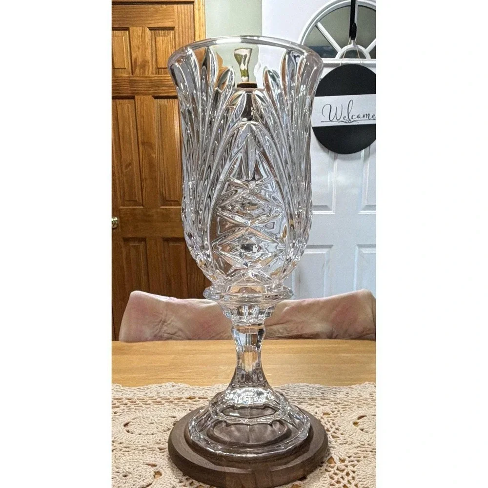Crystal Hurricane Candle Holder 2 Piece Pedestal Base Cut Glass Centerpiece